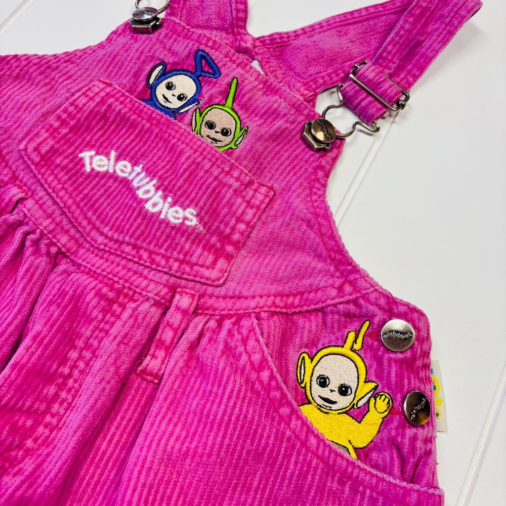 Vintage Teletubbies Embroidered Hot Pink Corduroy Overall Dress, Size 3T - Picture 8 of 15